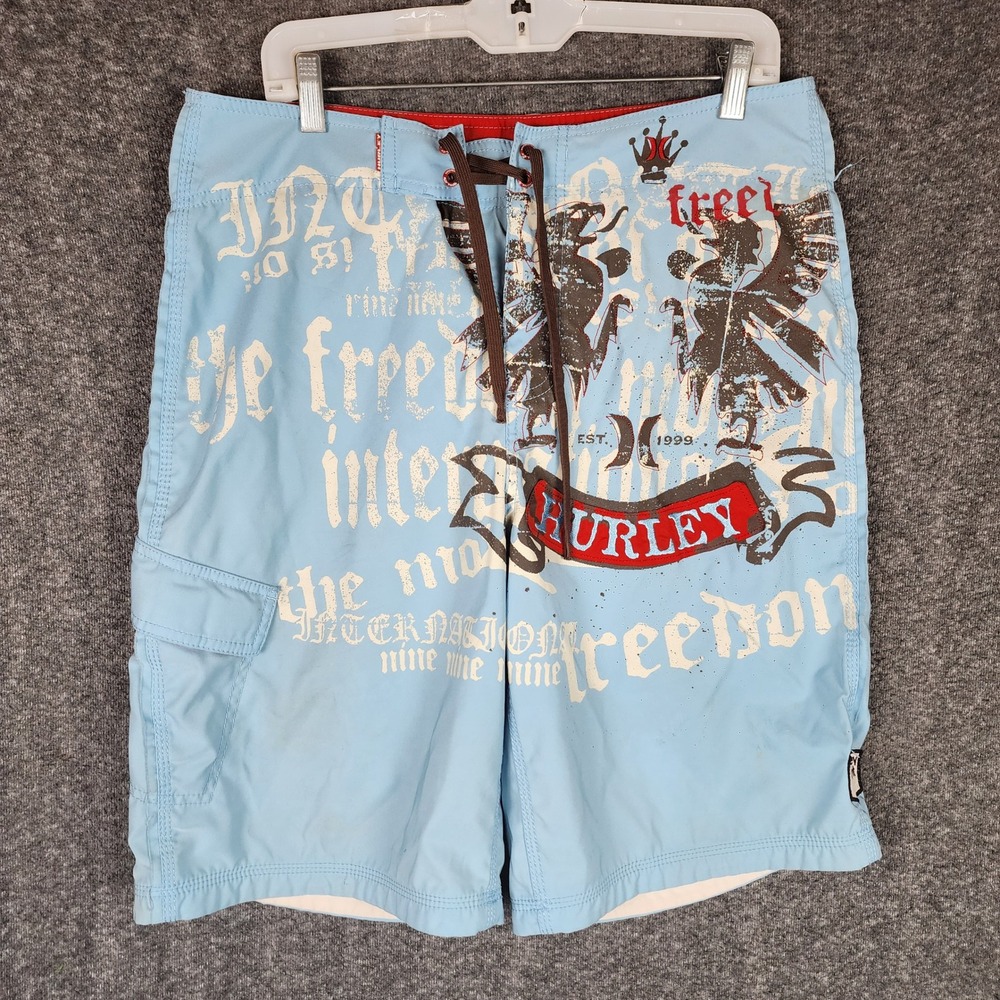 Hurley Board Shorts Mens 32 Y2K Graphic Eagle E-Z Fly Light Blue EUC